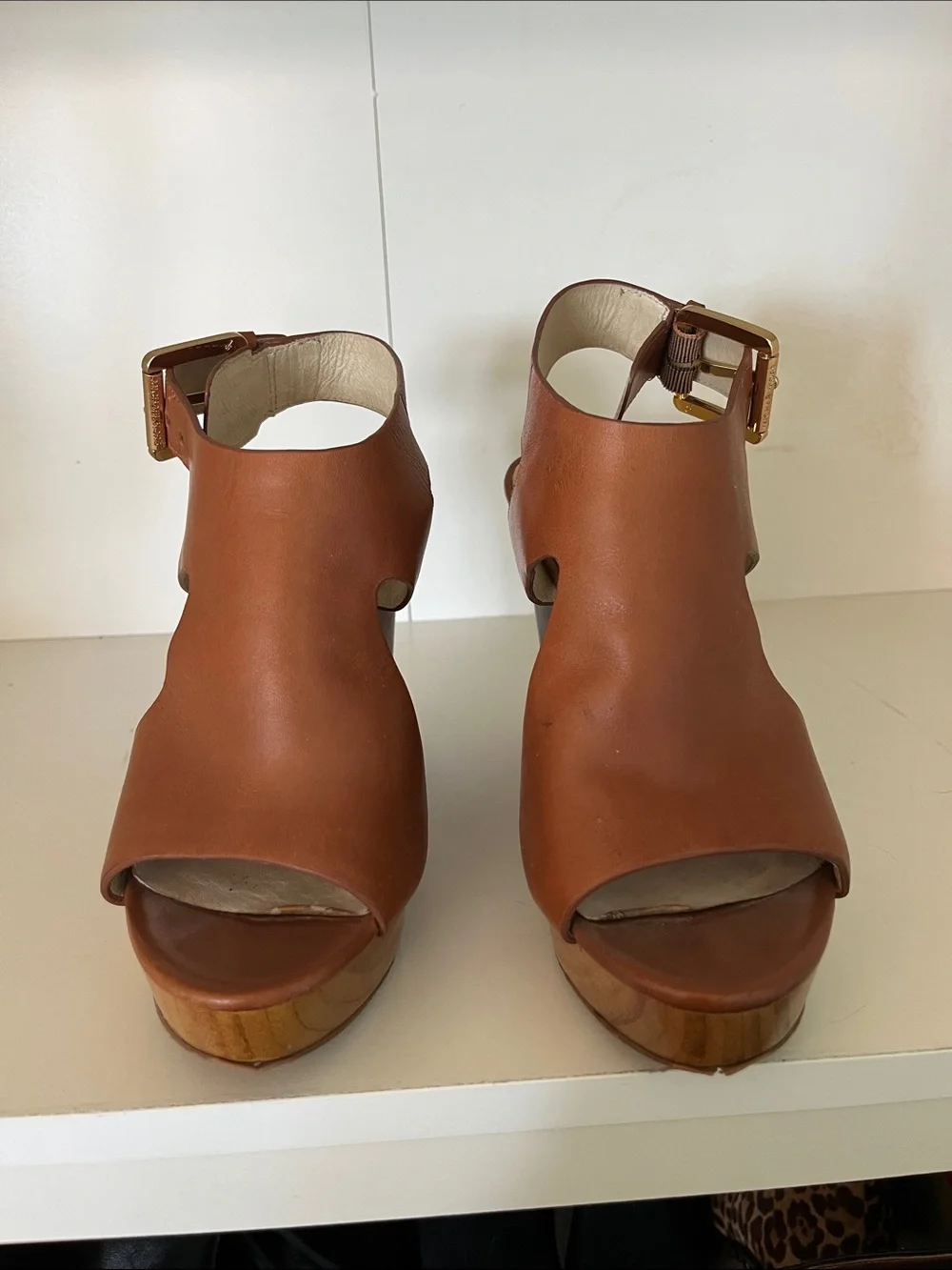 Michael Kors Cognac Leather Platform Wedge Sandals